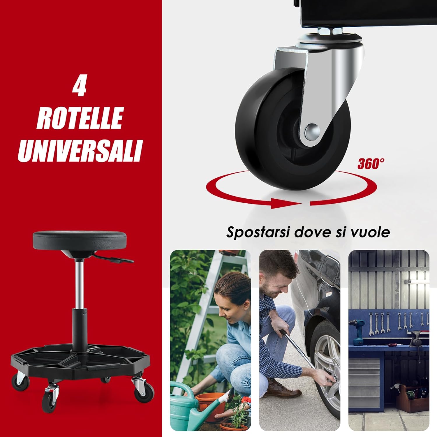 Sgabello da Officina con Ruote, con Ripiano per Attrezzi e Viti, Portata di 150 kg, Altezza Regolabile e Girevole, Sedia Meccanico per Garage, Officina (Nero)