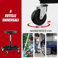 Sgabello da Officina con Ruote, con Ripiano per Attrezzi e Viti, Portata di 150 kg, Altezza Regolabile e Girevole, Sedia Meccanico per Garage, Officina (Nero)