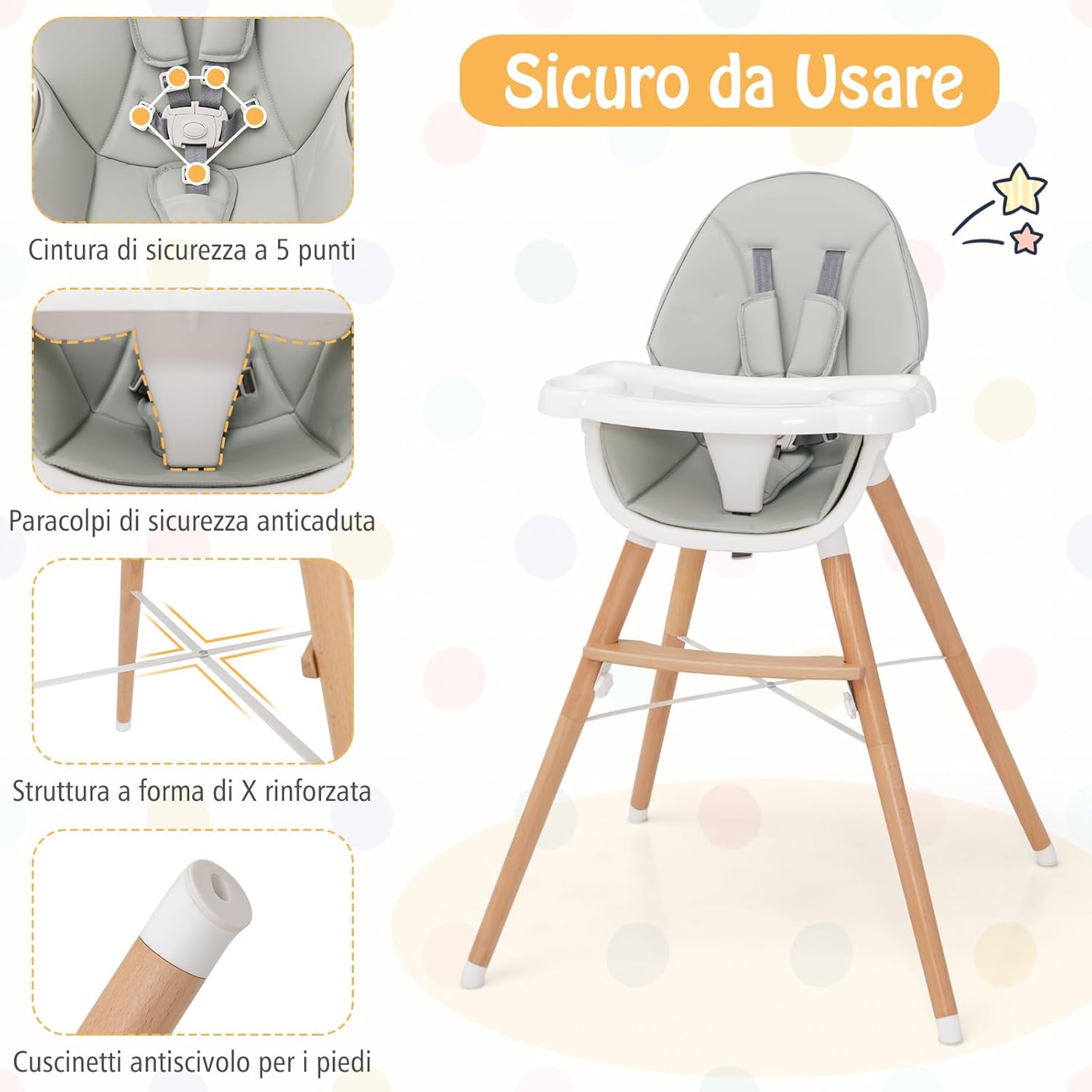 Seggiolone per Bambini con Vassoio Regolabile, Seggiolone in Legno con Cuscino per Seduta Rimovibile, Gambe Staccabile (Grigio)