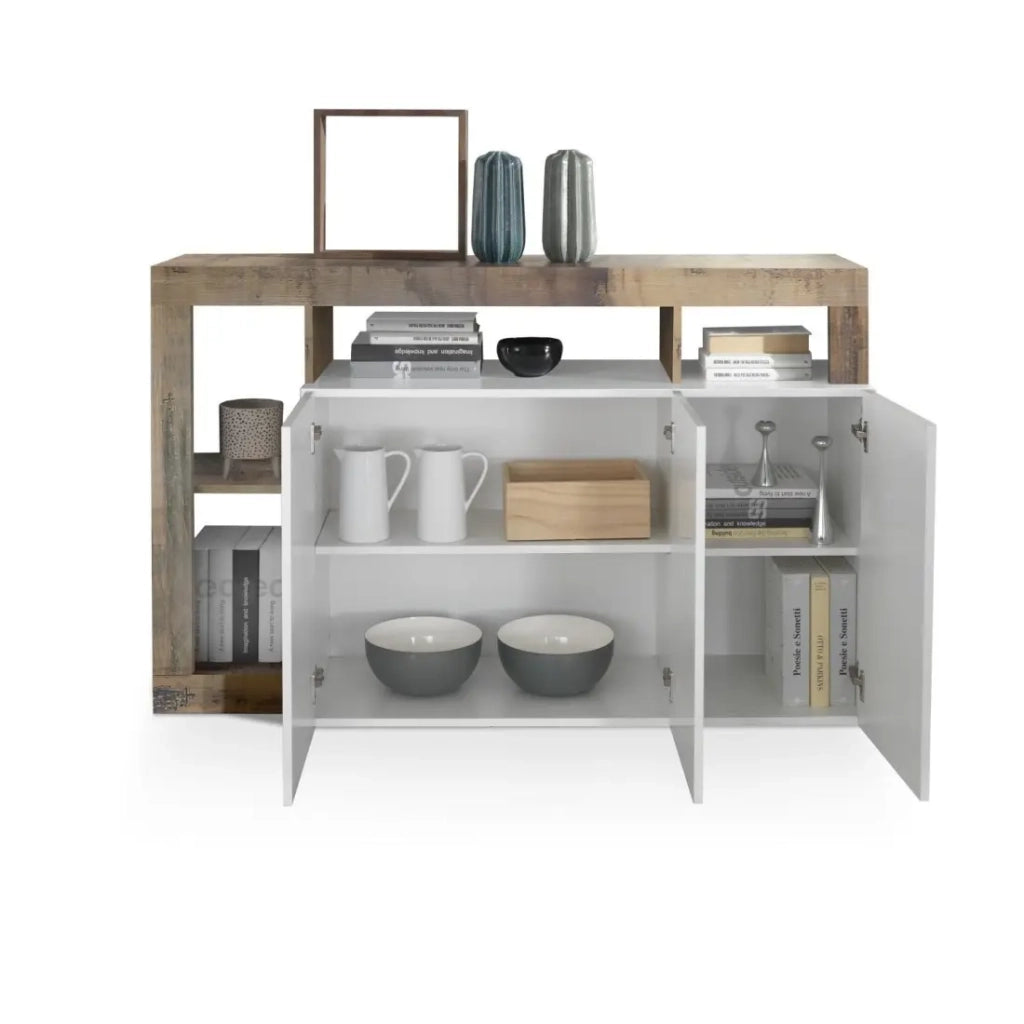 Credenza a 3 porte collezione BURA, colore bianco lucido laccato e rovere chiaro