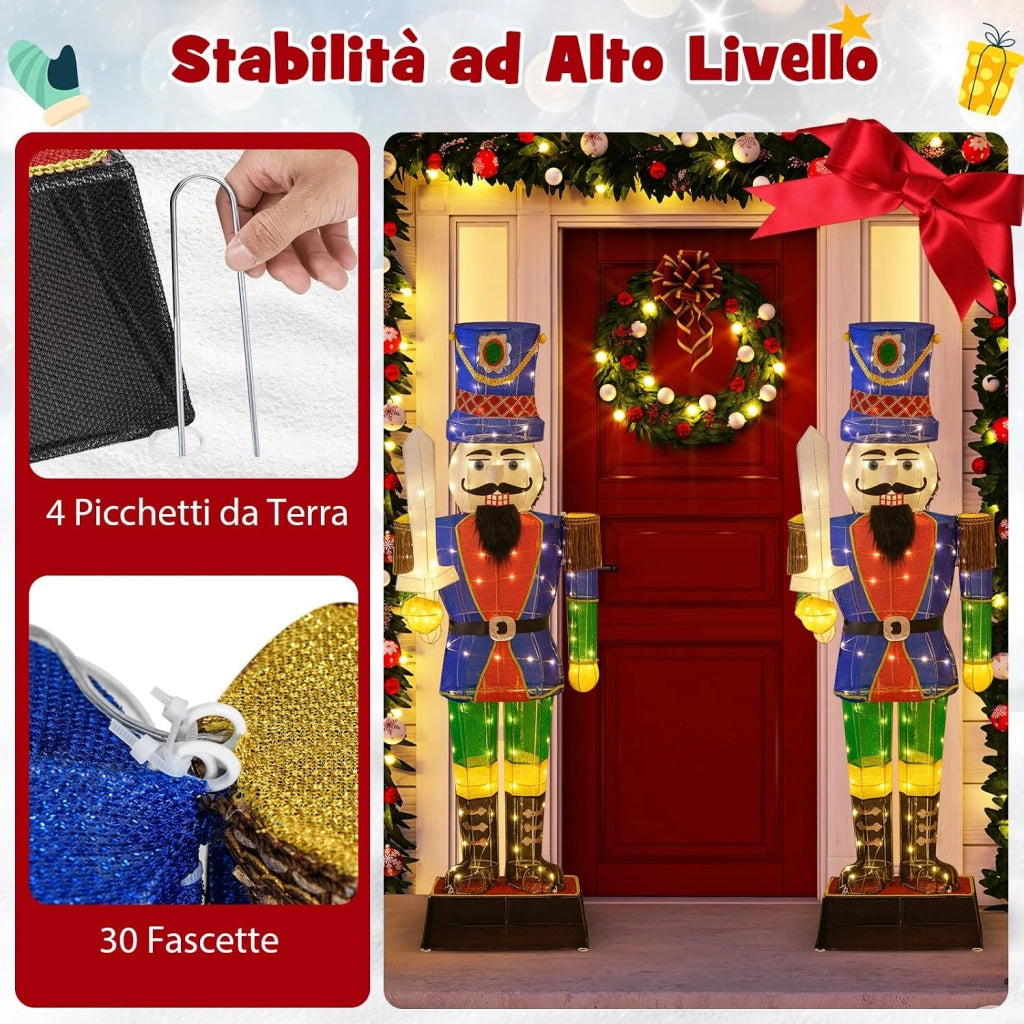 Soldato di Natale Illuminato 184 cm, Soldatino Schiaccianoci Illuminato con 110 Luci LED, Fascette e Base, Decorazioni Natalizie per Interno ed Esterno (1 Pezzi)