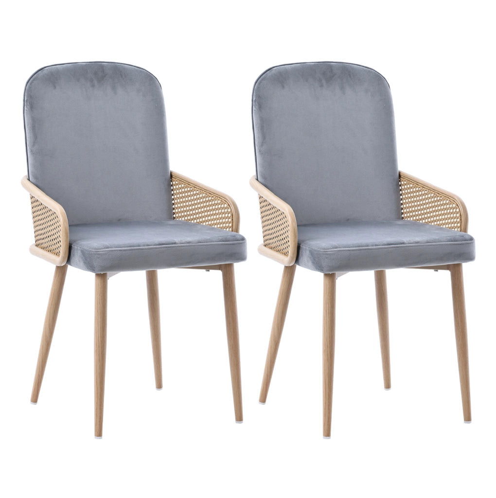 Set di 2 sedie da pranzo in velluto grigio con rattan
