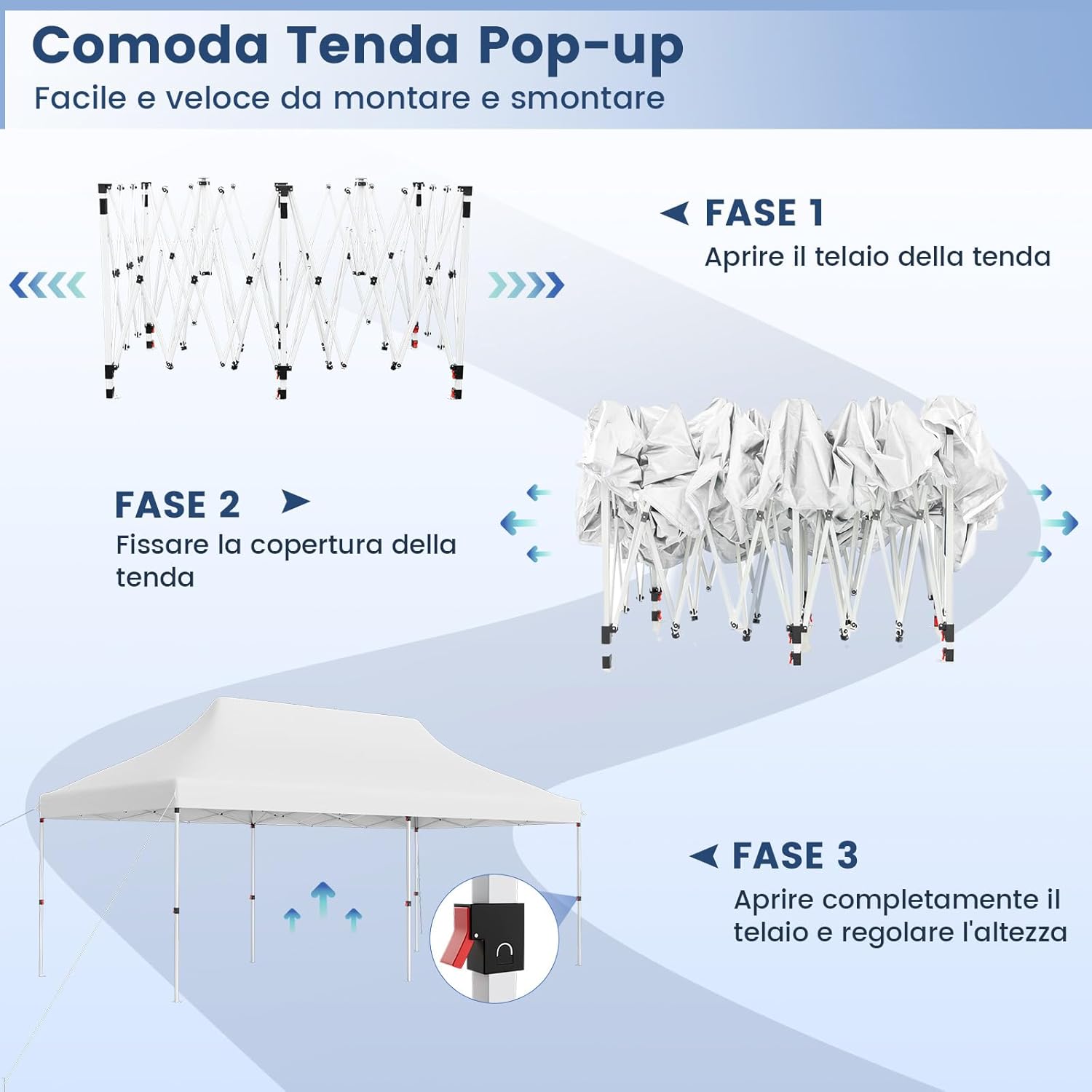 Gazebo Pieghevole da Giardino 3 x 6m, Gazebo Pop-up con Borsa da Trasporto, Regolabile in Altezza, per Feste, Barbecue, Giardino e Spiaggia (Bianco)