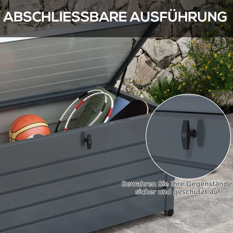 Box da giardino impermeabile in acciaio 311 L con ruote e coperchio chiudibile; grigio scuro
