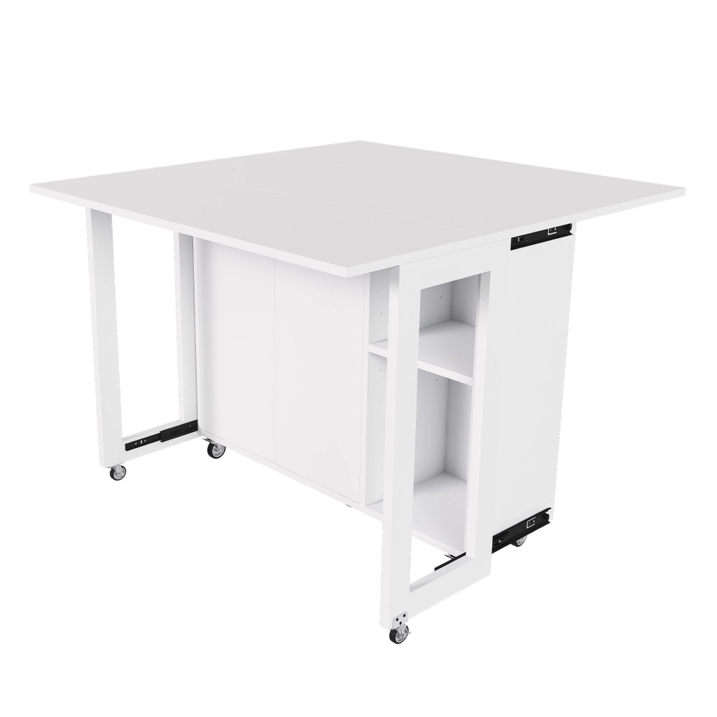 Tavolo da pranzo pieghevole con vano contenitore e ruote - per cucina - bianco