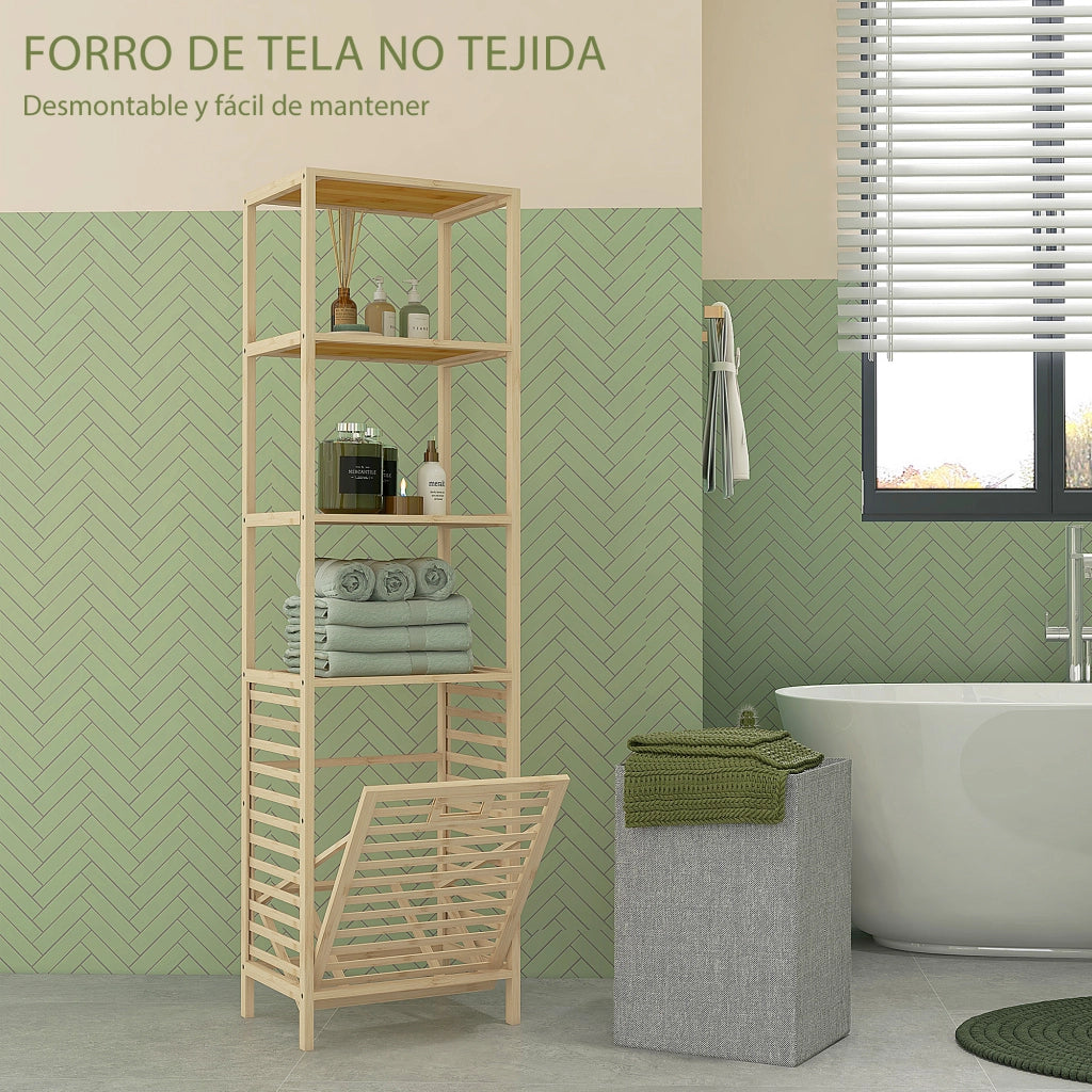 Mobile Bagno con Ripiani e Cesto Lavanderia ¨C Zephmum ¨C Legno Naturale 44x33x160 cm