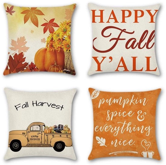 Set di cuscini 45 x 45 cm - 4 pezzi - Cotone/Lino - Decorativo - Tema Autunno - Chiusura a zip nascosta - Coprispalla decorativi
