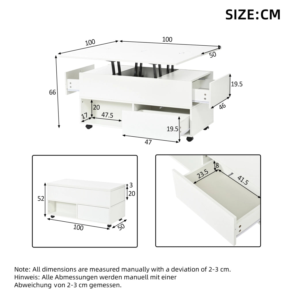 Tavolino elevabile bianco 100x50x52 cm con 4 cassetti e ruote