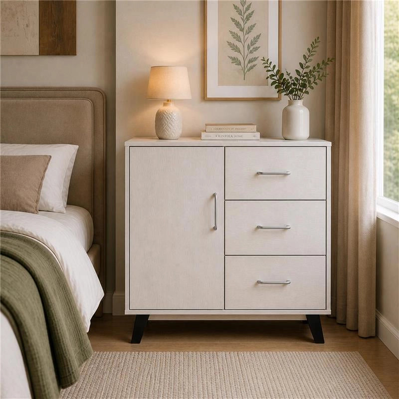MOBILE MODERNO IN LEGNO CON 3 CASSETTI, 1 ANTA E PIANO D'APPOGGIO COLORE BIANCO DIMENSIONI 80X38X74 CM