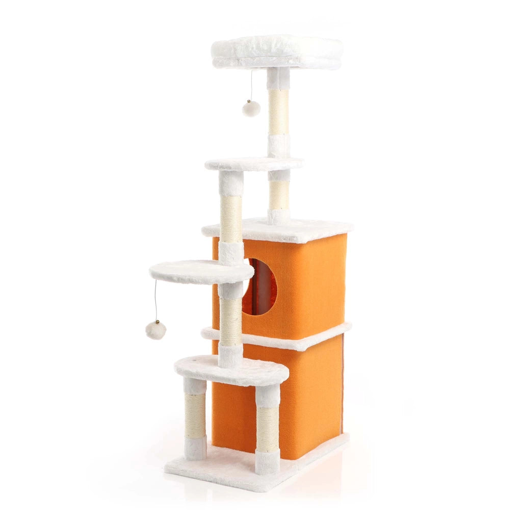 Fudajo Albero tiragraffi per gatti 125cm bianco/marrone con sisal e cuccette