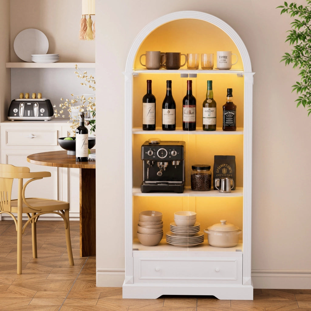 Vetrina ad arco con ante in vetro temperato e illuminazione LED MDF bianco