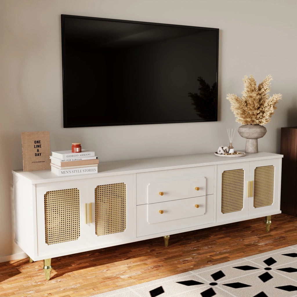 Mobile TV con 4 Ante in Rattan PVC e 2 Cassetti Push-to-Open; Piedini Metallo Dorati; in Pannello Truciolare; Bianco; 175¡Á38¡Á55;5 cm