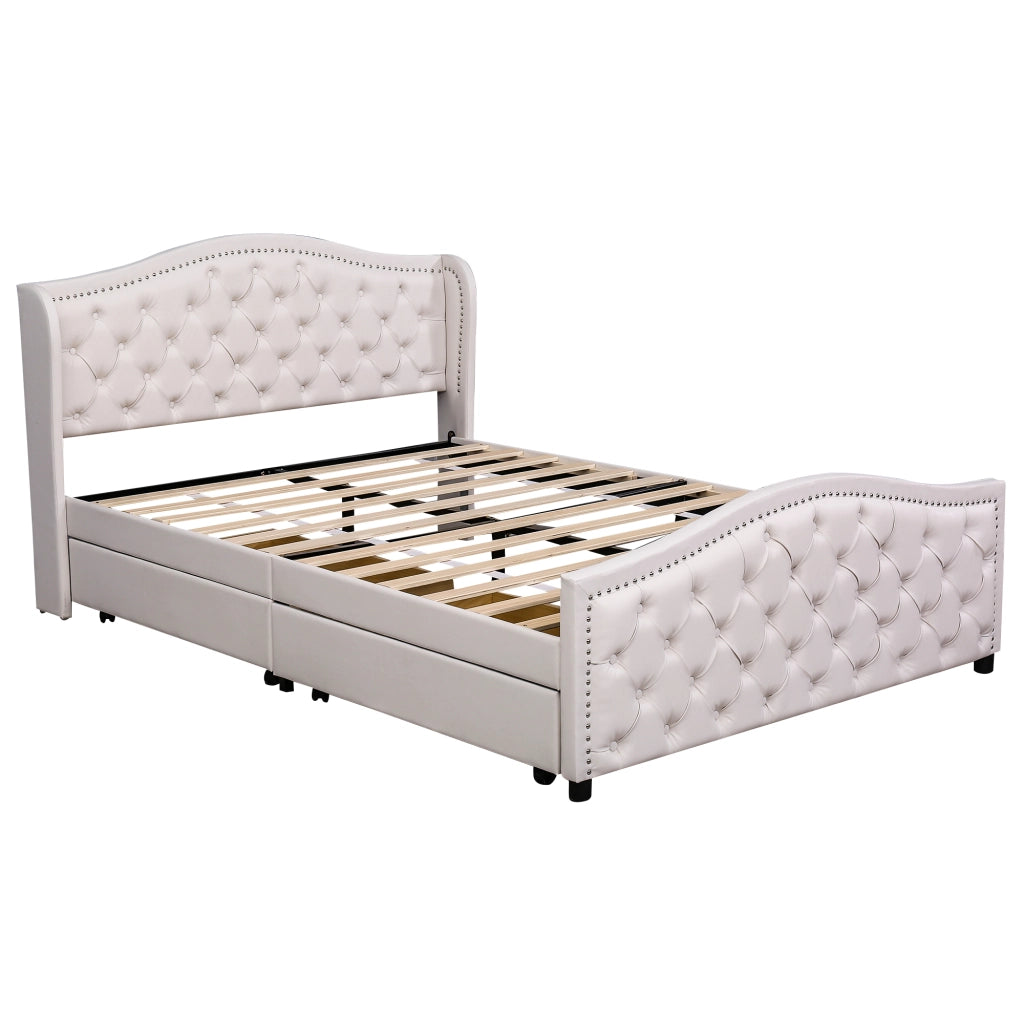 Letto Matrimoniale 140x200 cm; Contenitore con 2 Cassetti e Testiera Capitonné in PU Bianco