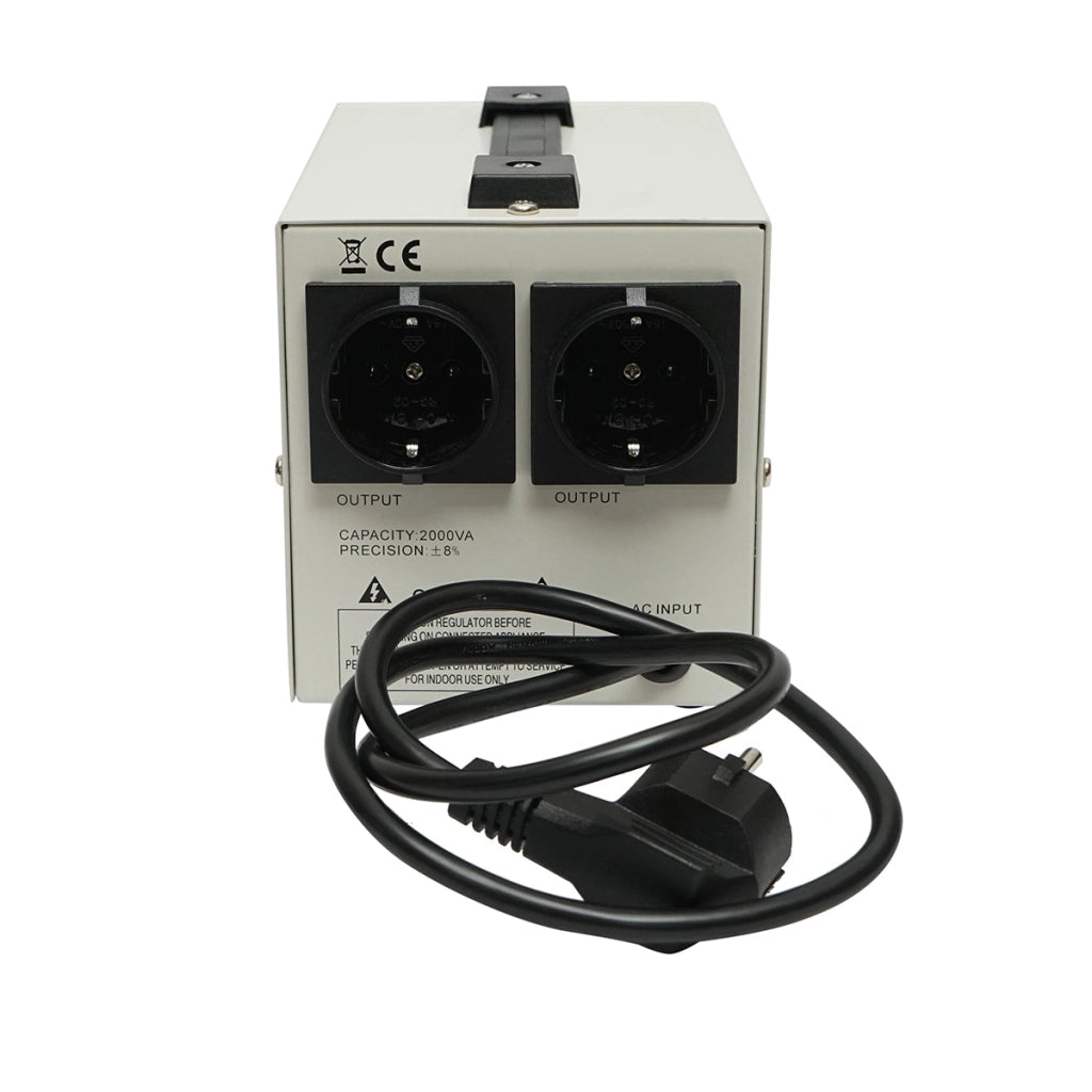 Stabilizzatore di tensione automatico monofase con relè 2000VA/140-260V, 2 prese schuko 230V, display LCD Breckner Germany