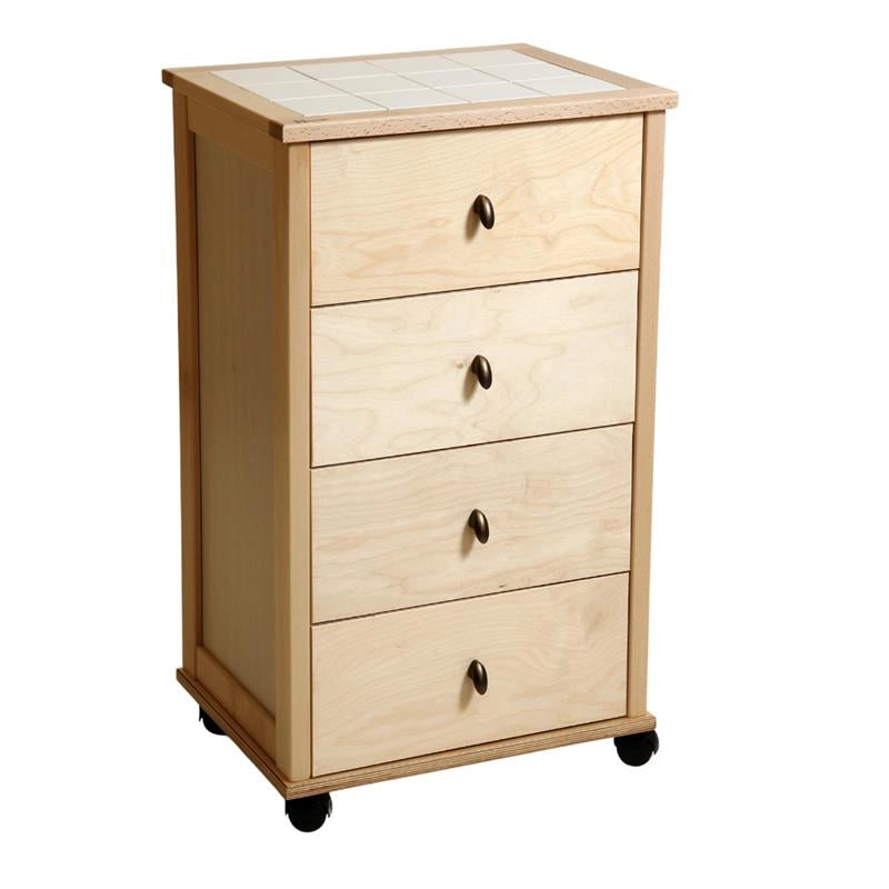 VESUVIO POKER CASSETTIERA NATURALE IN FAGGIO BASE INFERIORE DI BETULLA PIANO MATTONELLE IN CERAMICA RUOTE IN PLASTICA GOMMATA 84X49X39 CM OKX