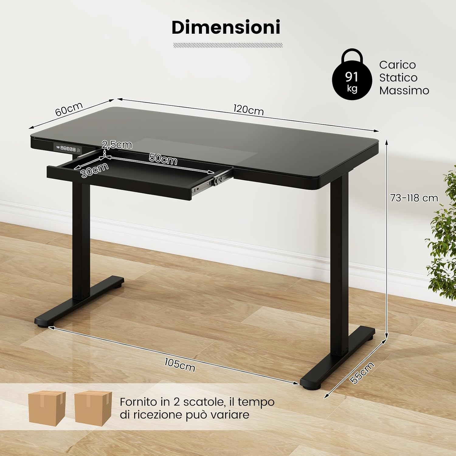 Scrivania Regolabile in Altezza con Cassetto, Scrivania con Piano in Vetro, 2 Posizioni di Memoria e Porte USB Tipo-C, Scrivania per Ufficio e Casa, 120 x 60 x 73-118 cm (Nero)