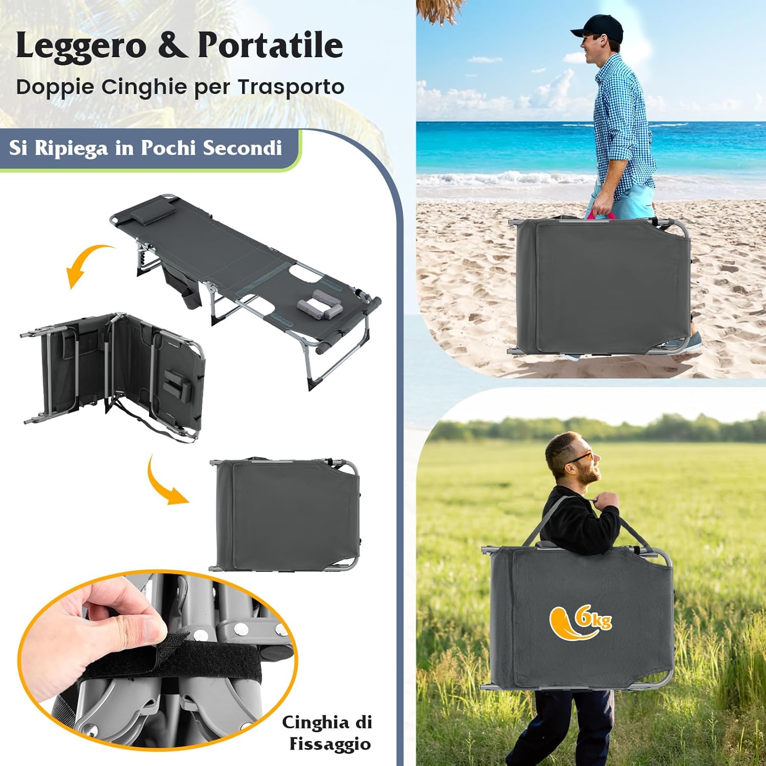 Lettino Prendisole Pieghevole, Lettino da Spiaggia con Schienale Regolabile, Poggiatesta, Cuscino e Tasca, Sedia a Sdraio per Giardino Piscina, Portata 180 kg (Grigio Scuro)