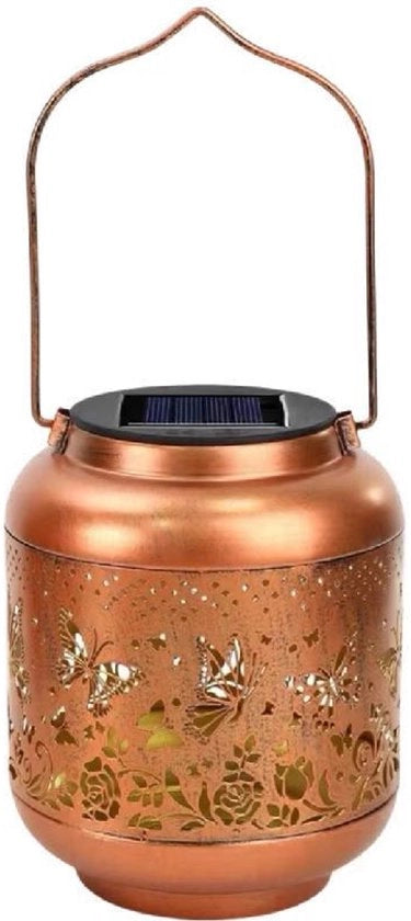 Lanterna a forma di farfalla alimentata da energia solare, ideale per esterni, lampada da parete metallica idrorepellente per giardini e terrazze.