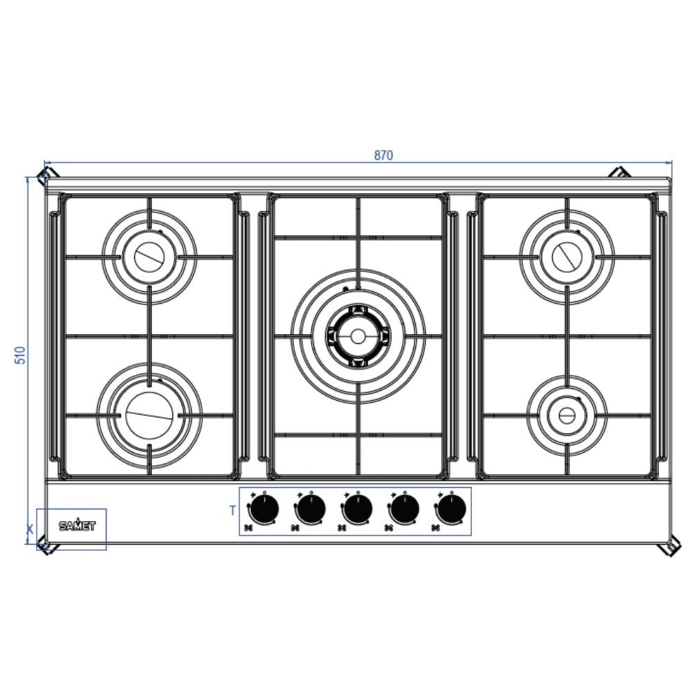 Piano Cottura gas 5 fuochi 90 cm Acciaio inox Samet Apollo2