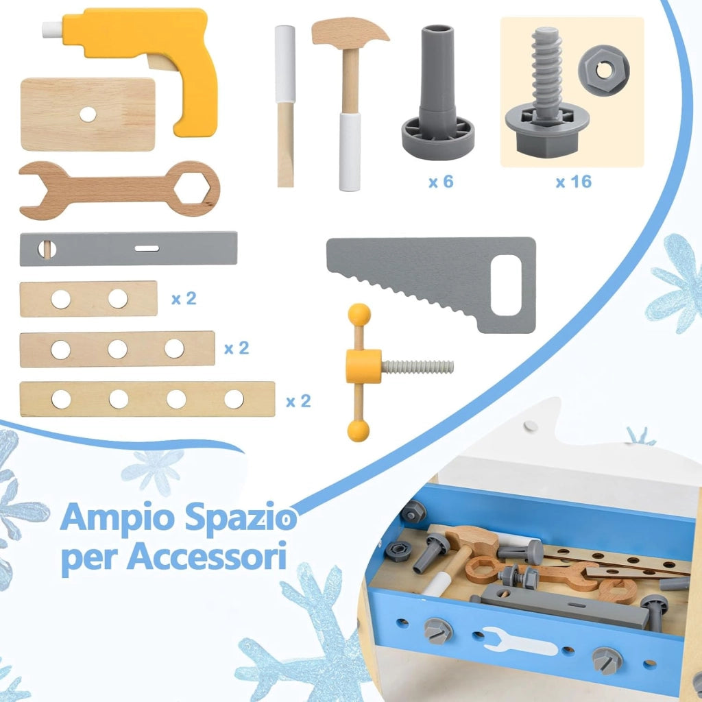 Banco Lavoro Bambini con Set di Attrezzi, Banco da Gioco in Legno con Lavagna e Strumenti da Lavoro, Piano di Lavoro con Trapano, Martello e Chiavi, 51 x 28 x 72 cm, per Bambini 3 + Anni