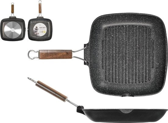 Grillpan in pietra con trattamento antiscivolo - Maniglia ripiegabile - 28x cm - Per uso con H&h