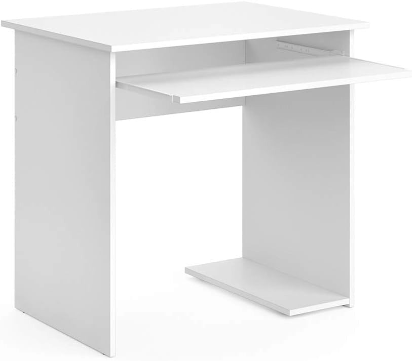 Scrivania Nick, Bianco, 80 x 58 cm, con ripiano estraibile per tastiera e supporto per unità di sistema