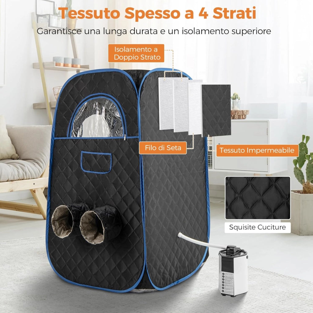 Sauna a Vapore Portatile 3L, Sauna da Casa con 9 Livelli di Regolazione della Temperatura da 40-65℃, Telecomando, Sedia Pieghevole e Massaggiatore per Piedi in Legno (Nero)