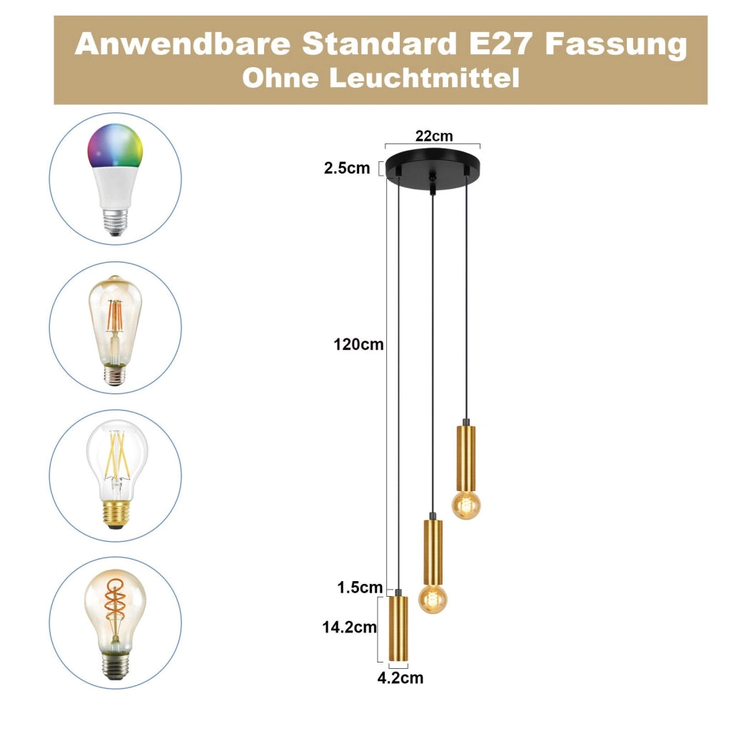 Lampada a sospensione ZMH per sala da pranzo oro, 3 fiamme E27 135 cm lampada da soggiorno e cucina