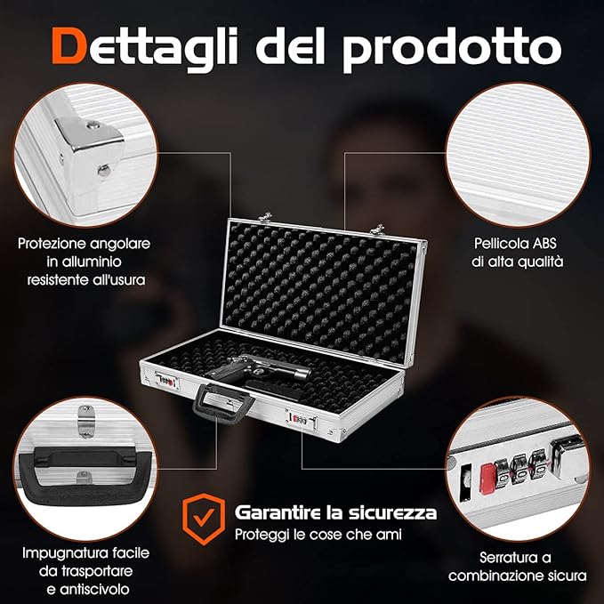 Custodia Dura in Alluminio per Armi, Valigetta per Pistole, Fucili con Serratura, 47 x 25 x 8,3 cm