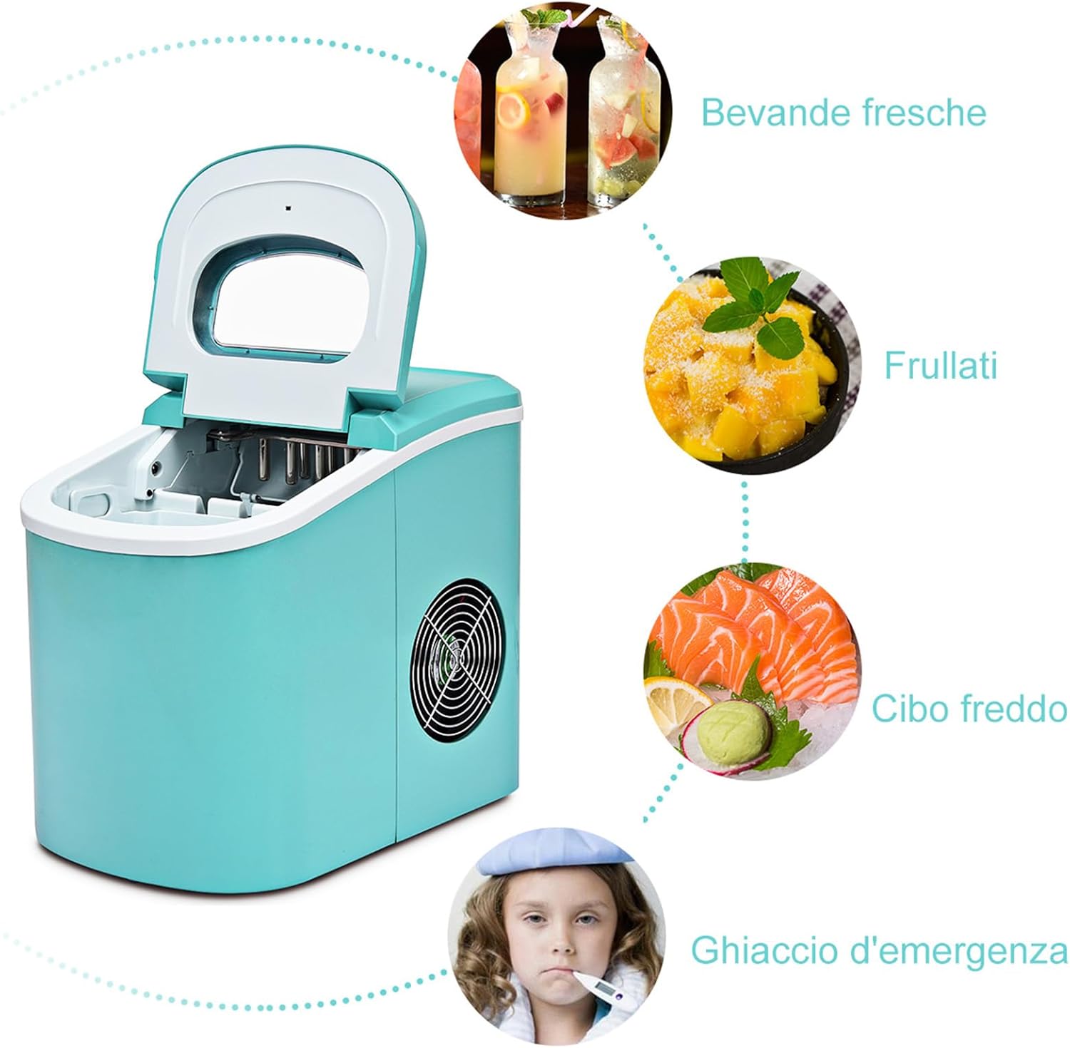 Macchina del Ghiaccio Portatile 12kg/24h, Macchina del Ghiaccio Cubetti con Cucchiaio Porzionatore e Cesto, 9 Cubetti di Ghiaccio in 6-13 Minuti (Verde)