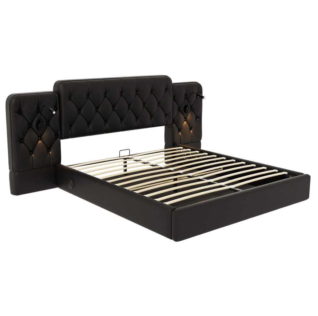 Letto 160x200 cm con testiera allungata; luci da lettura; USB e contenitore in PU nero