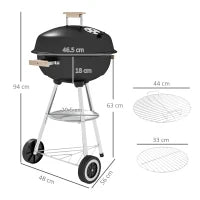 Barbecue a Carbonella con Griglia in Acciaio, Coperchio e Prese d'Aria e Ruote, Nero