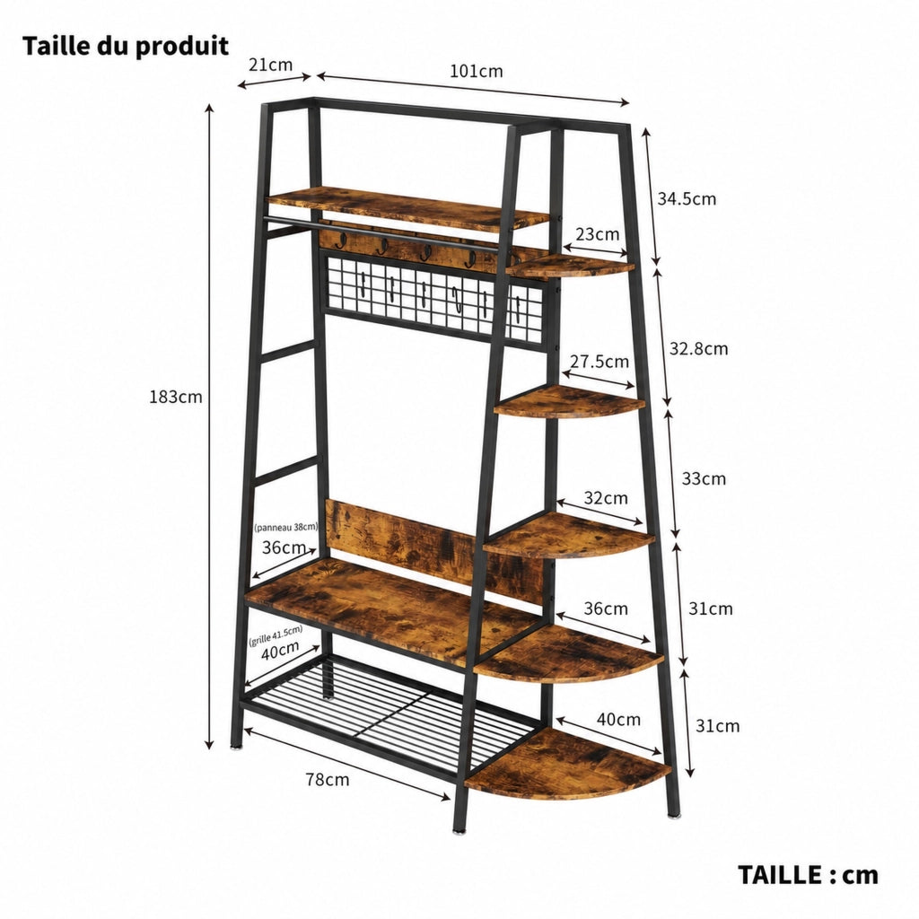 Mobili da ingresso con barra appendiabiti e 3 ripiani, per camera da letto e ufficio, in metallo e legno, nero e marrone