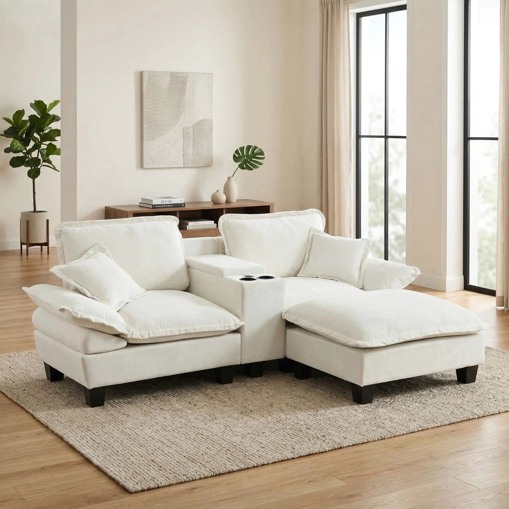 Divano modulare a L in cheniglia con USB; contenitore e portabevande beige