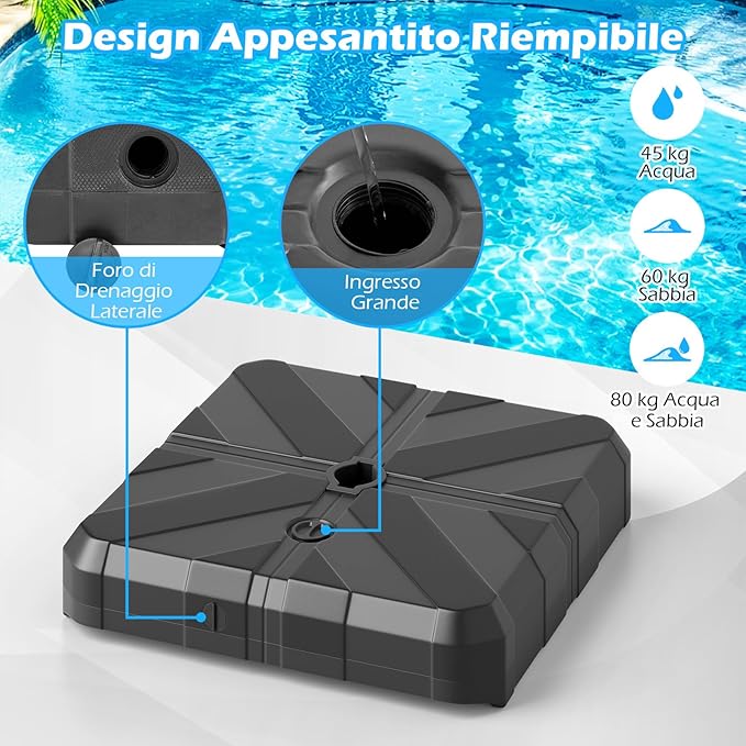 Base per Ombrello, Base Pesante Riempibile 45 L/60 kg con Acqua o Sabbia, Supporto per Ombrello da Patio Portatile 38/48 mm, per Giardino Piscina