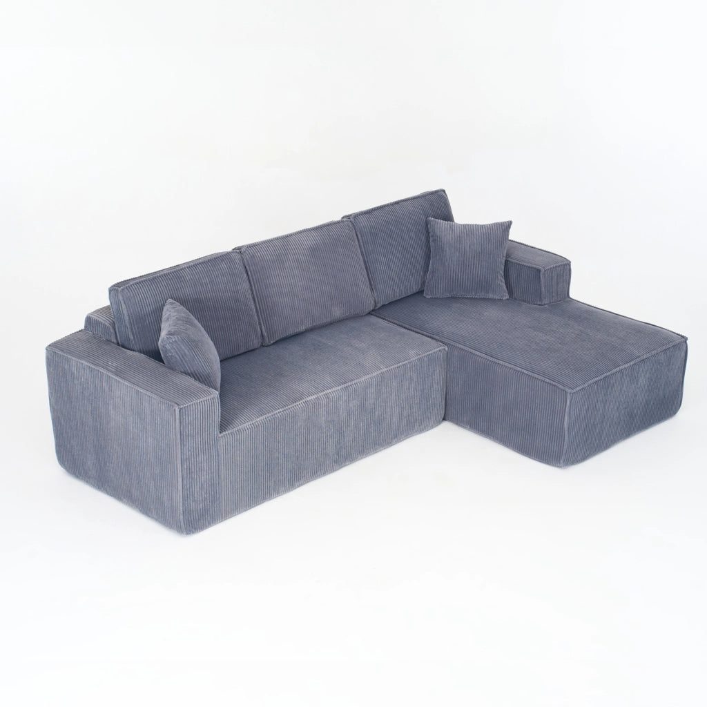 Divano Angolare 2 Posti con Chaise Longue ¨C MINIMAL ¨C Tessuto a Coste, Grigio, Modulare Morbido