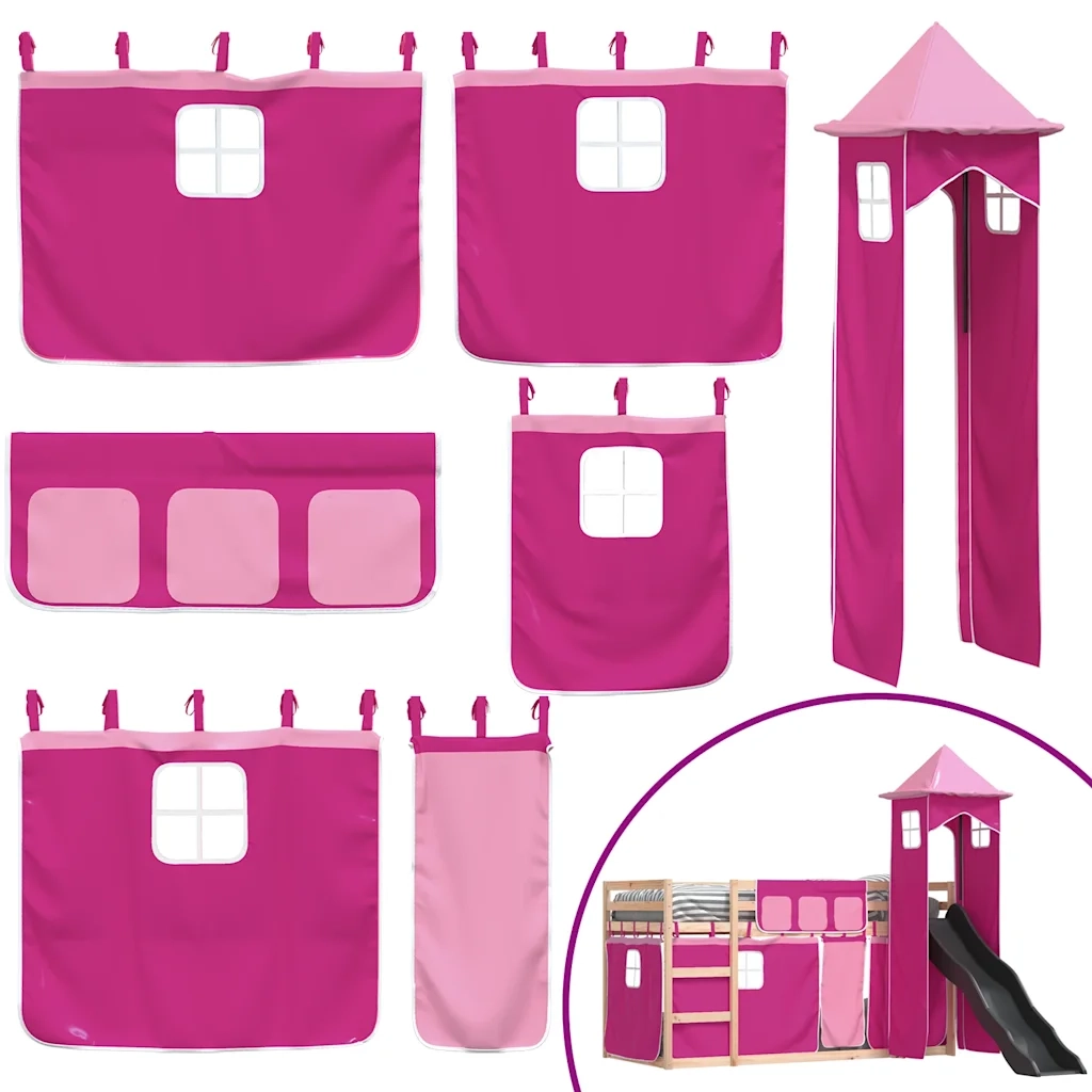Letto singolo | Letto per adulti | Letto a Castello con Scivolo e Tende Rosa 80x200 cm