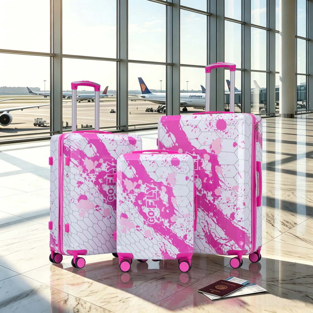Set di 3 valigie rigide con stampa a spruzzi e serratura a combinazione in pc rosa 20 × 24 × 28 pollici