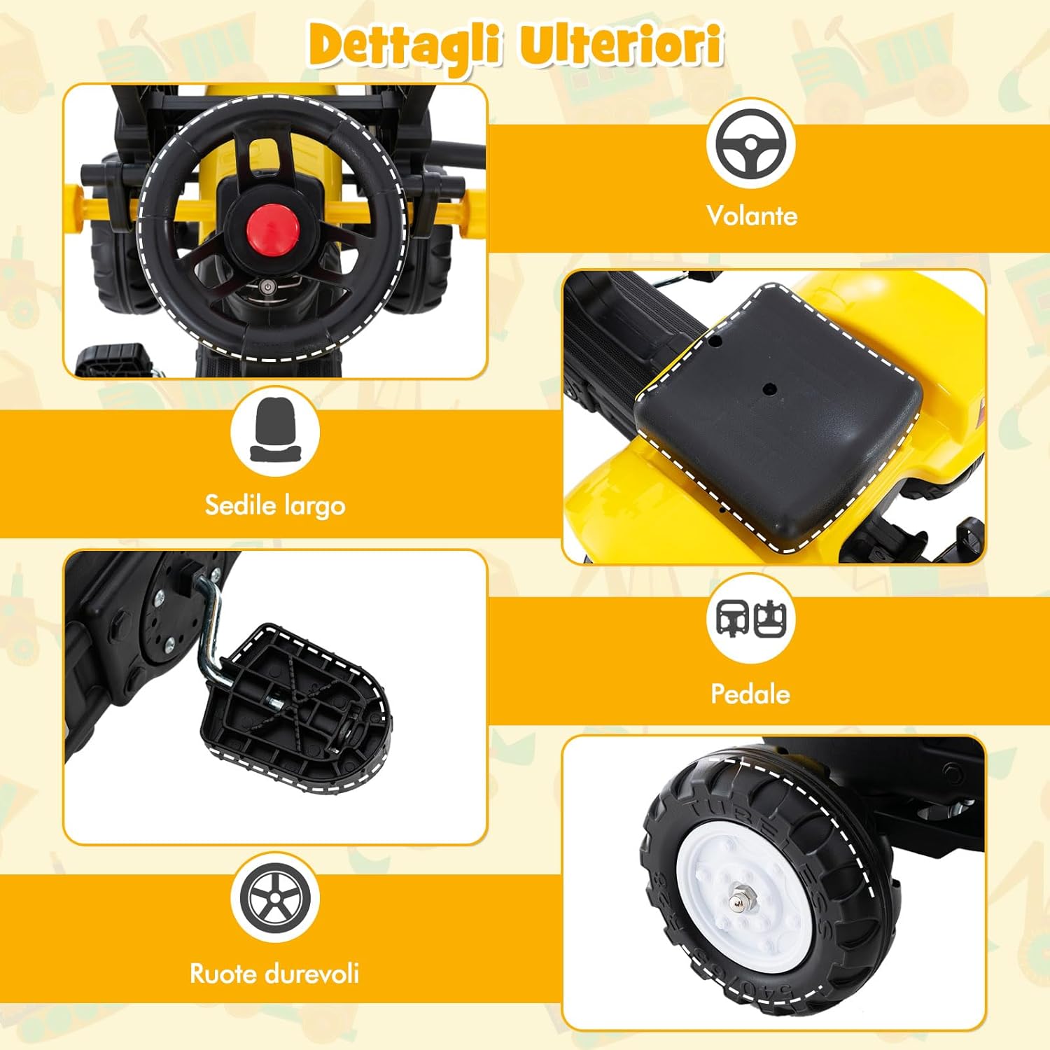 3 in 1 Escavatore per Bambini, Trattore con Rimorchio Staccabile Cavalcabile per Bambini, con 6 Ruote e 2 Benne, per Bambini 3-6 Anni (Giallo)