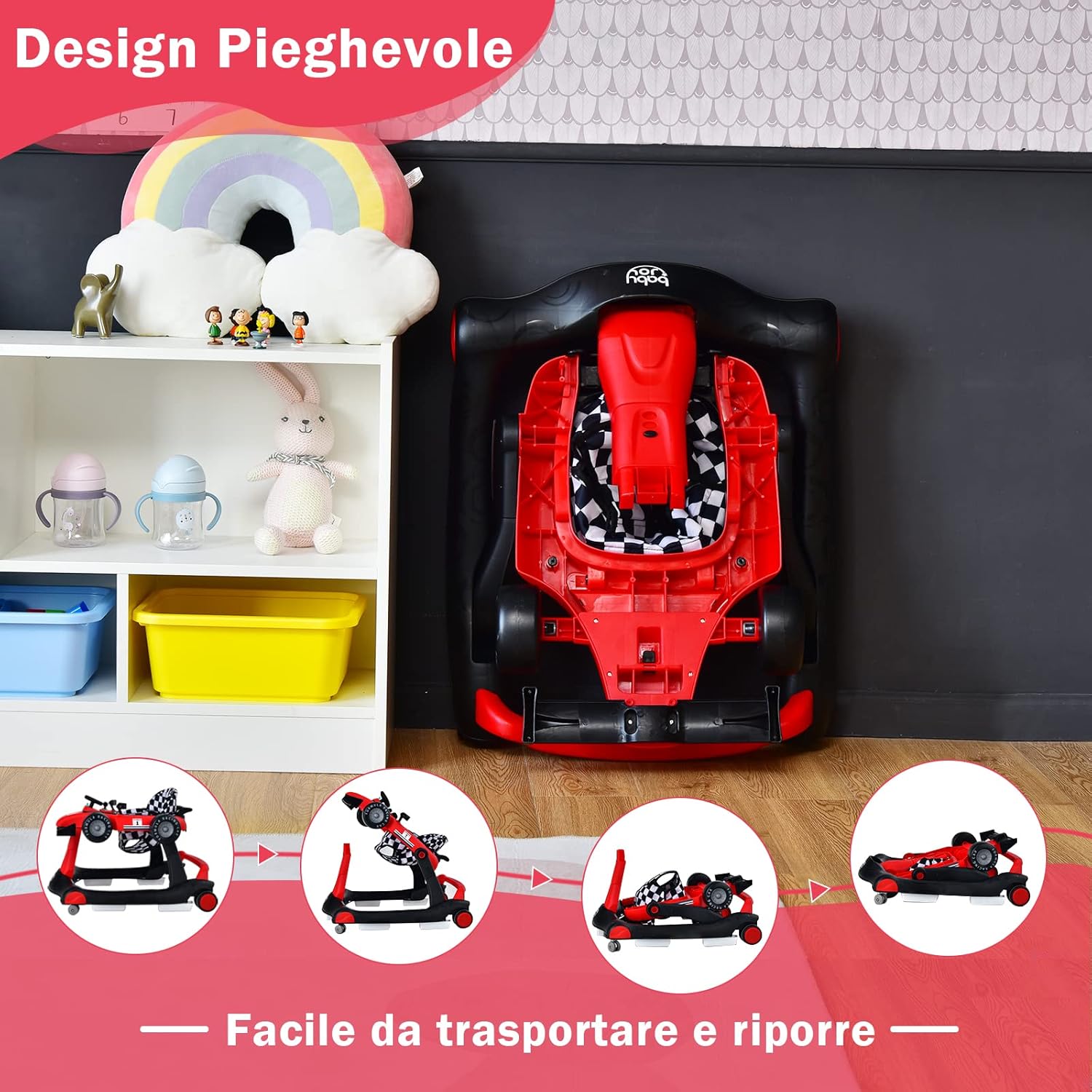 Girello per Bambini 4 in 1, Girello Pieghevole con Altezza e Velocità Regolabili, Carillon con Luci, Volante, Primi Passi per Bambini 6-18 Mesi, Portata 15 kg (Rosso)