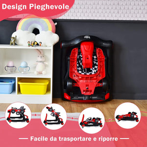 Girello per Bambini 4 in 1, Girello Pieghevole con Altezza e Velocità Regolabili, Carillon con Luci, Volante, Primi Passi per Bambini 6-18 Mesi, Portata 15 kg (Rosso)