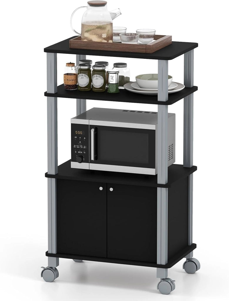 Carrello da Cucina a 3 Livelli per Microonde, Carrello Portaoggetti con Ruote e Armadio con Porta, Carrello di Servizio in Legno, Organizer per Sala da Pranzo, 60 x 40 x 98 cm (Nero)