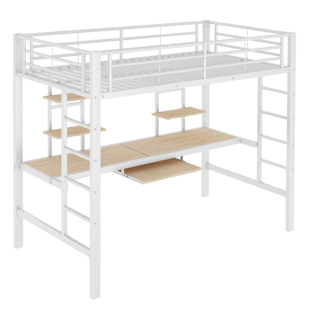 LETTO a soppalco 90x200 cm in metallo bianco con scrivania e 2 librerie