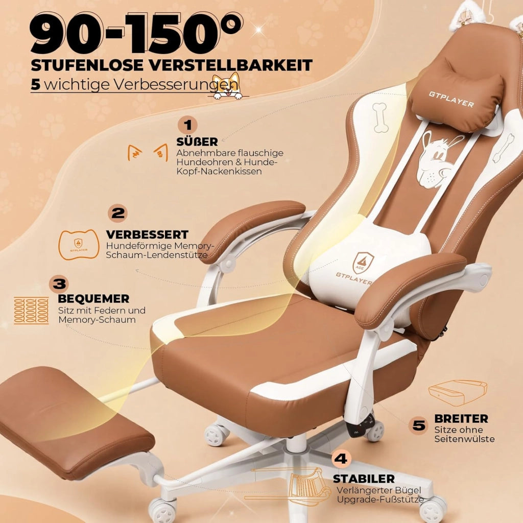 Carina sedia da gioco, sedia da gioco, sedia da ufficio, ergonomica, con orecchie di gatto, memory foam e poggiapiedi, 150 kg, in similpelle, marrone