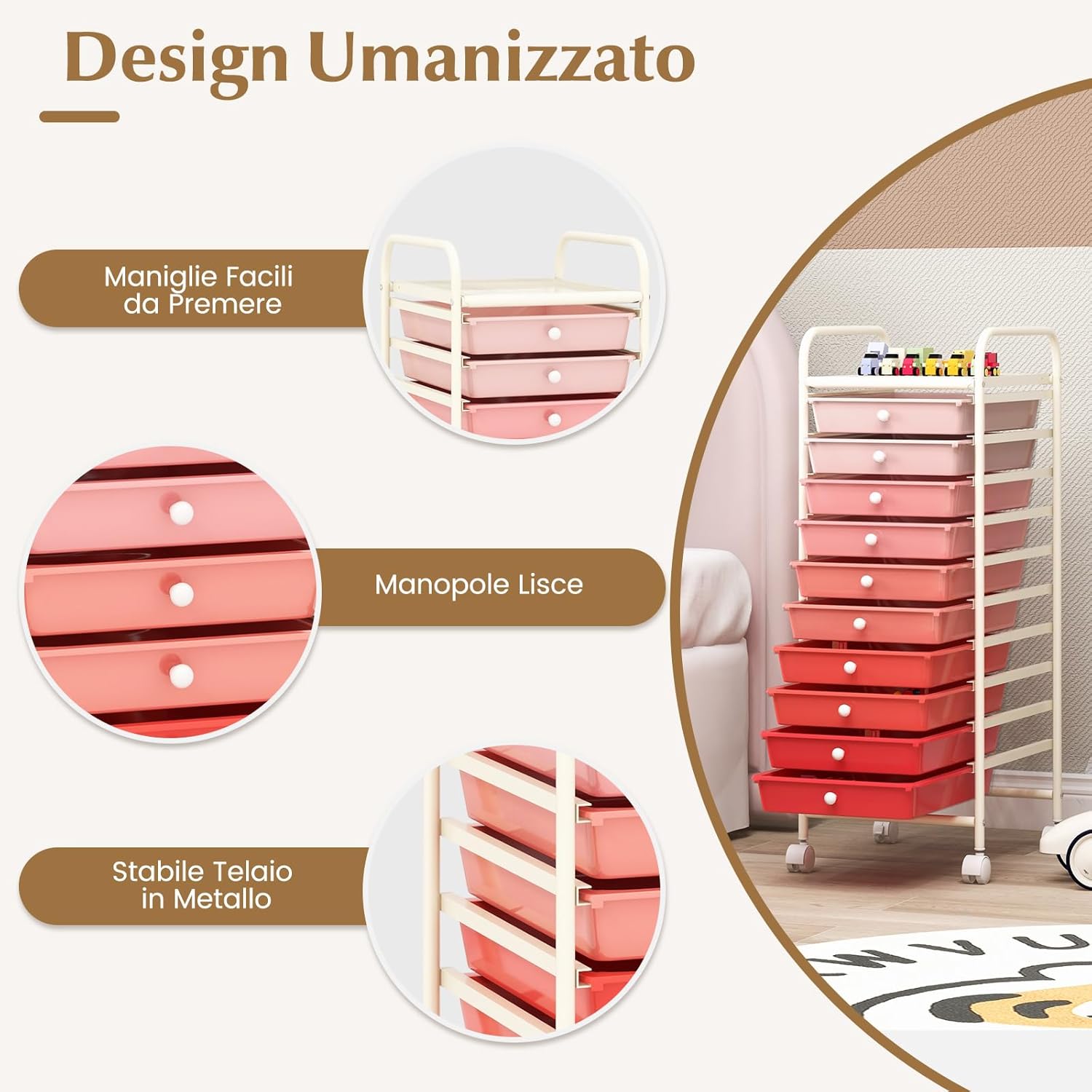 Carrello con 10 Cassetti da Stoccaggio, Cassettiera di Metallo e Plastica, Contenitore Multiuso con Ruote a Freno, per Casa e Ufficio (Rosa sfumata)