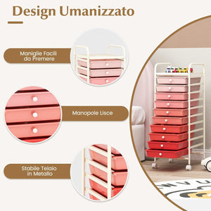 Carrello con 10 Cassetti da Stoccaggio, Cassettiera di Metallo e Plastica, Contenitore Multiuso con Ruote a Freno, per Casa e Ufficio (Rosa sfumata)