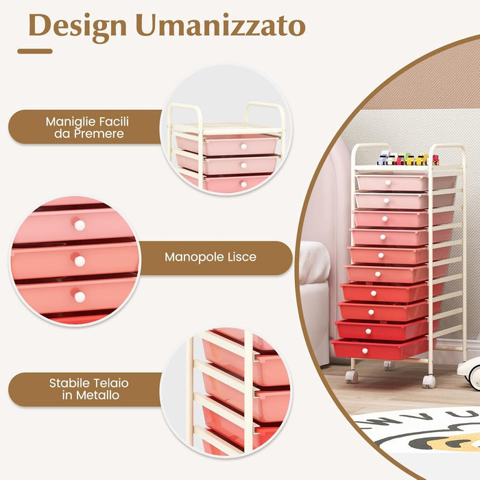 Carrello con 10 Cassetti da Stoccaggio, Cassettiera di Metallo e Plastica, Contenitore Multiuso con Ruote a Freno, per Casa e Ufficio (Rosa sfumata)