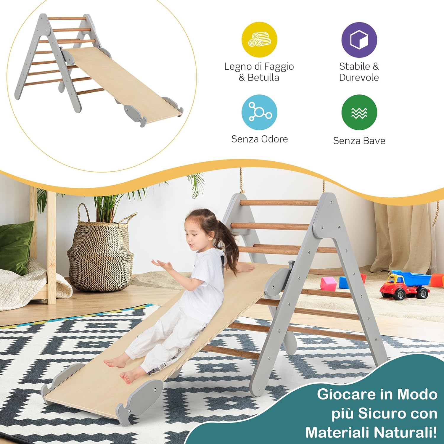 3 in 1 Arrampicata Giocattolo a Triangolo per Bambini, Set di Arrampicata con Rampa di Scivolo a 2 Lati e Inclinazione Regolabile, Arrampicatore per Bambini 1 Anno+ (Grigio)