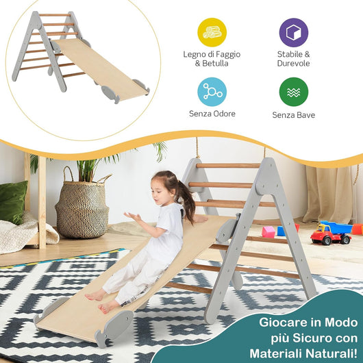 3 in 1 Arrampicata Giocattolo a Triangolo per Bambini, Set di Arrampicata con Rampa di Scivolo a 2 Lati e Inclinazione Regolabile, Arrampicatore per Bambini 1 Anno+ (Grigio)