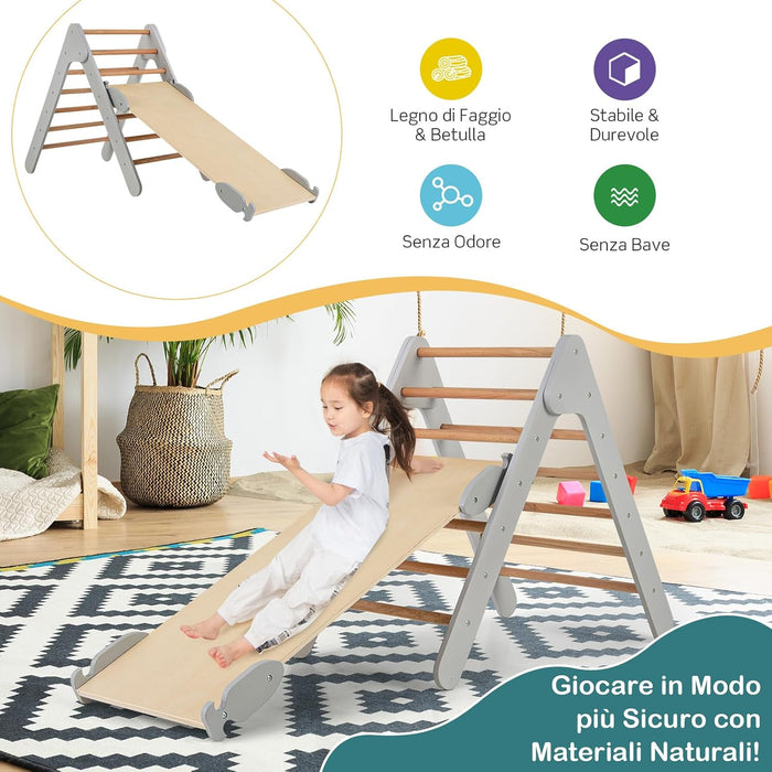 3 in 1 Arrampicata Giocattolo a Triangolo per Bambini, Set di Arrampicata con Rampa di Scivolo a 2 Lati e Inclinazione Regolabile, Arrampicatore per Bambini 1 Anno+ (Grigio)
